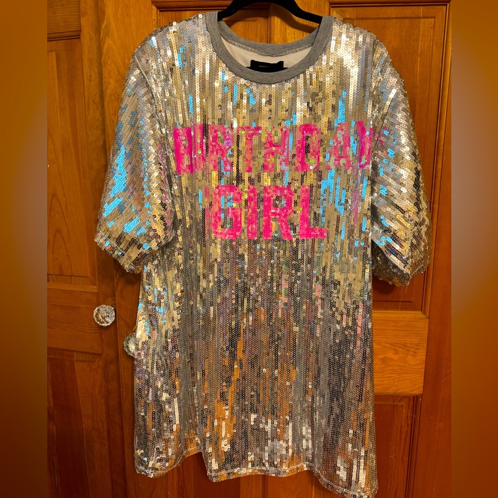 Forever 21 Silver Sequin Mini Dress with Hot Pink 'Birthday Girl' Text